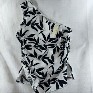 One-Shoulder Black and White Leaf Print Top formal business casual beach summer